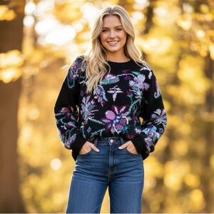 Cape Isle Knitters Vintage Hand Knit Crew Neck Floral Sweater Size Large